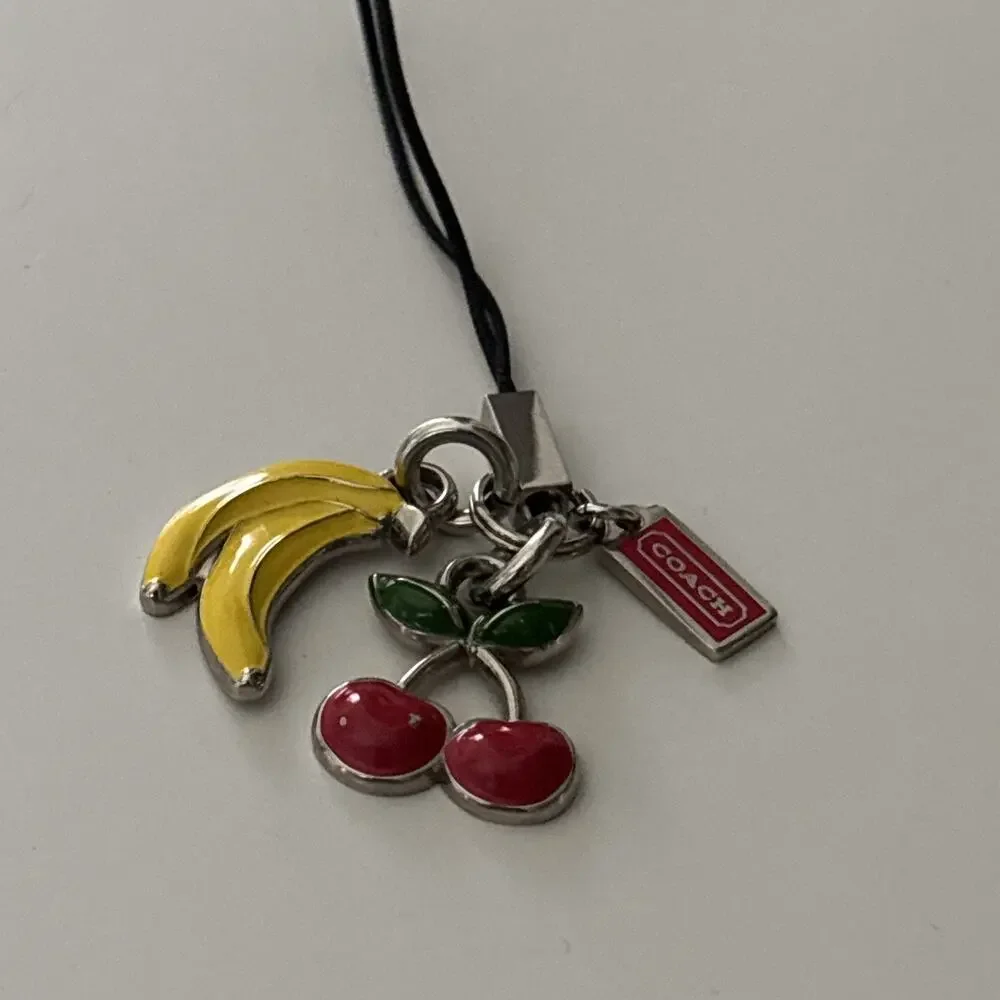 Coach Enamel Cherry & Bananas vintage Y2K phone Charm Silver Tone 3” Long